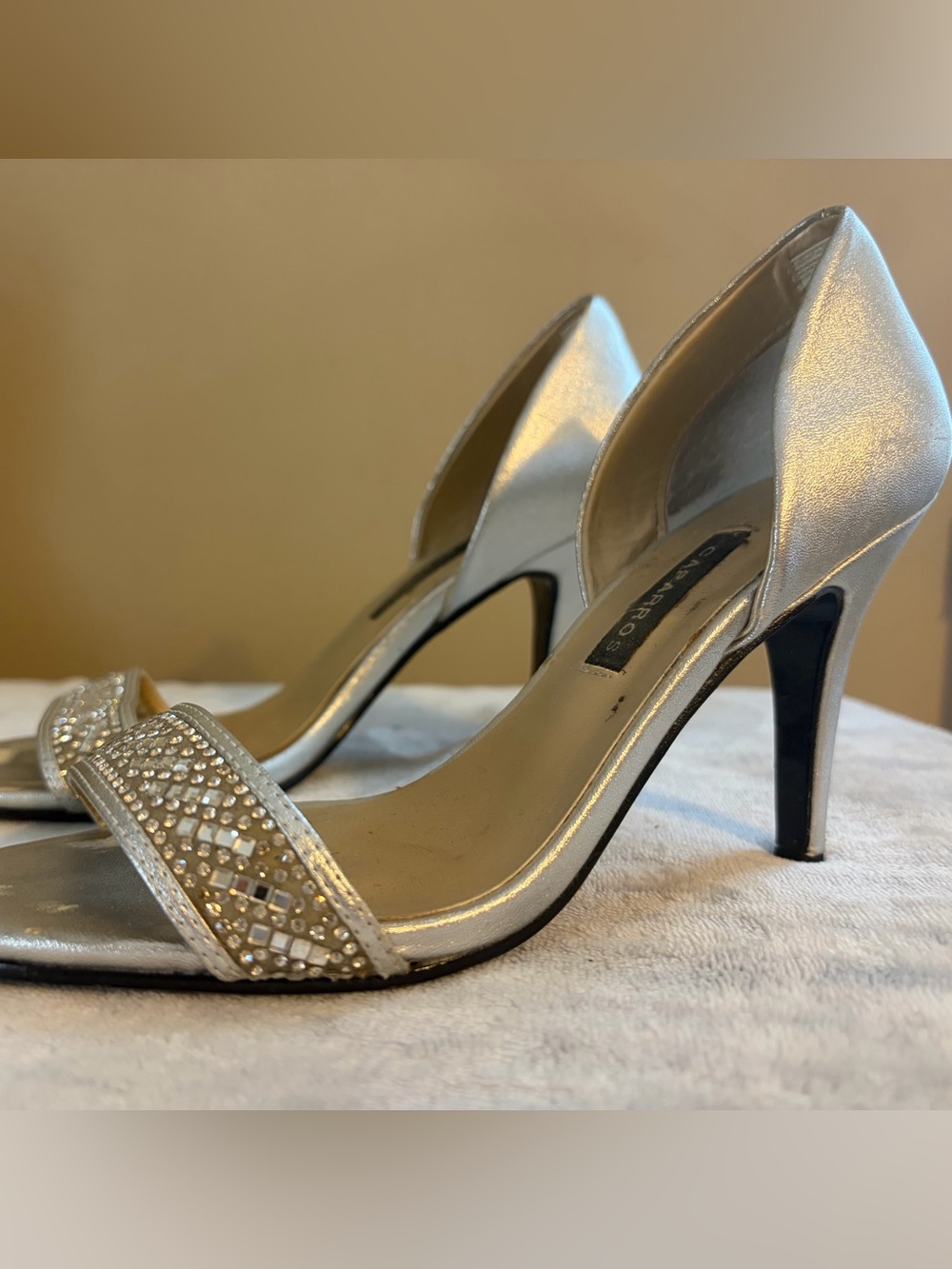Caparros Silver Rhinestone Open-Toe Heels - Picture 2 of 2